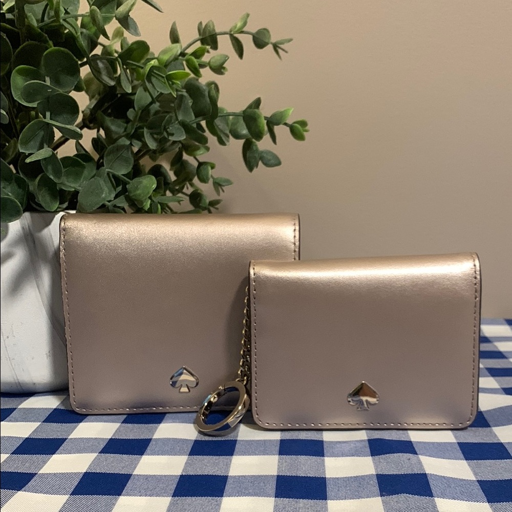 Set of 2- Kate Spade Nadine Gold Metallic Bifold Wallet and Cardholder Keychain